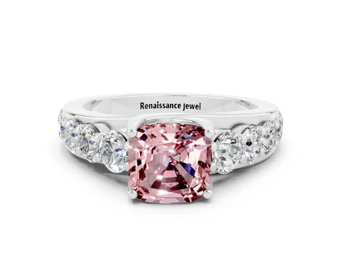 White gold Cushion Cut Morganite Engagement Ring with Pavé Band and Four-Prong Setting