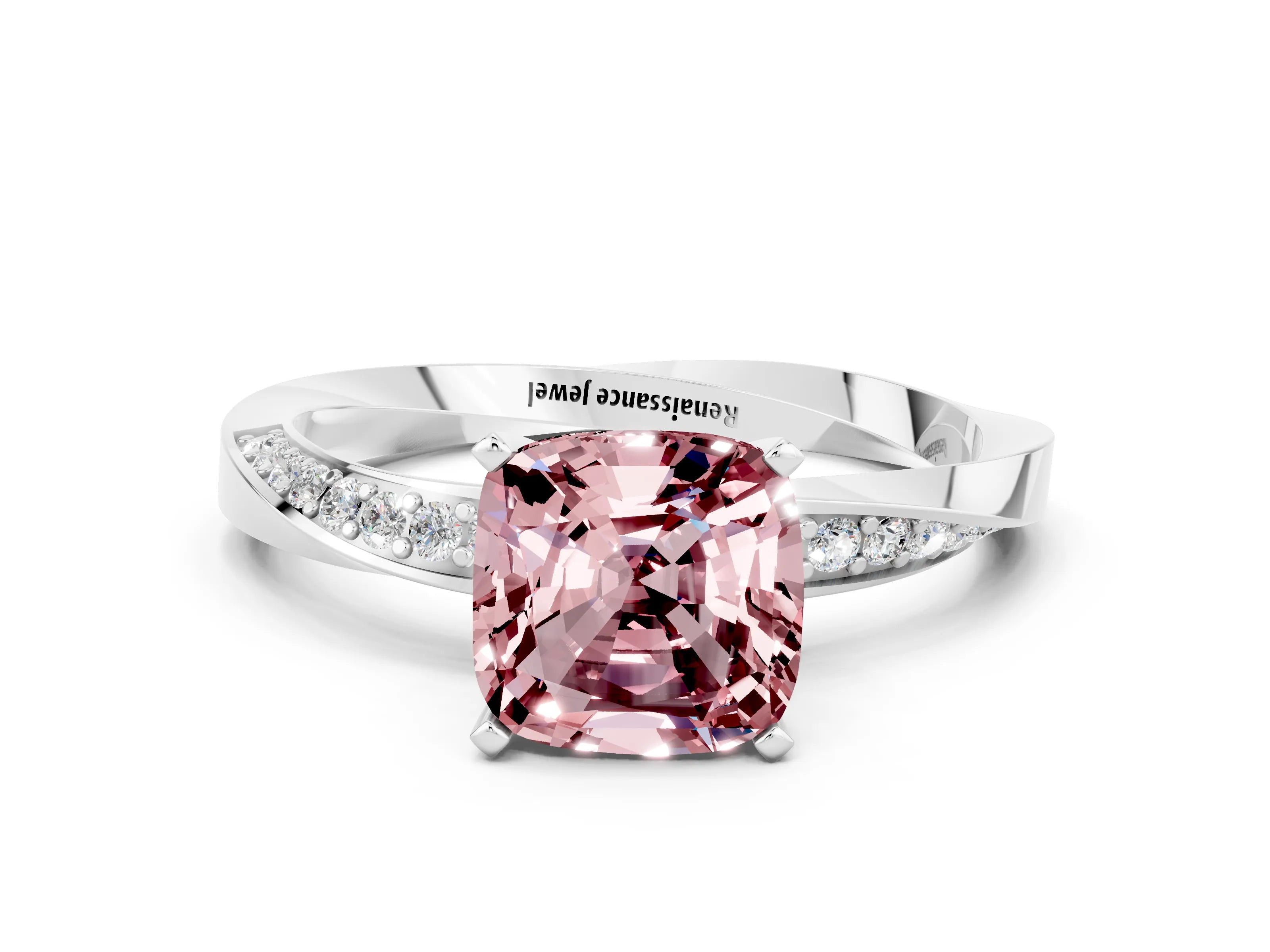 White gold Cushion Cut Morganite Engagement Ring with Side Stone Accents and Four-Prong Setting_21
