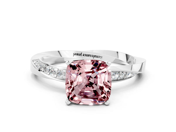 White gold Cushion Cut Morganite Engagement Ring with Side Stone Accents and Four-Prong Setting