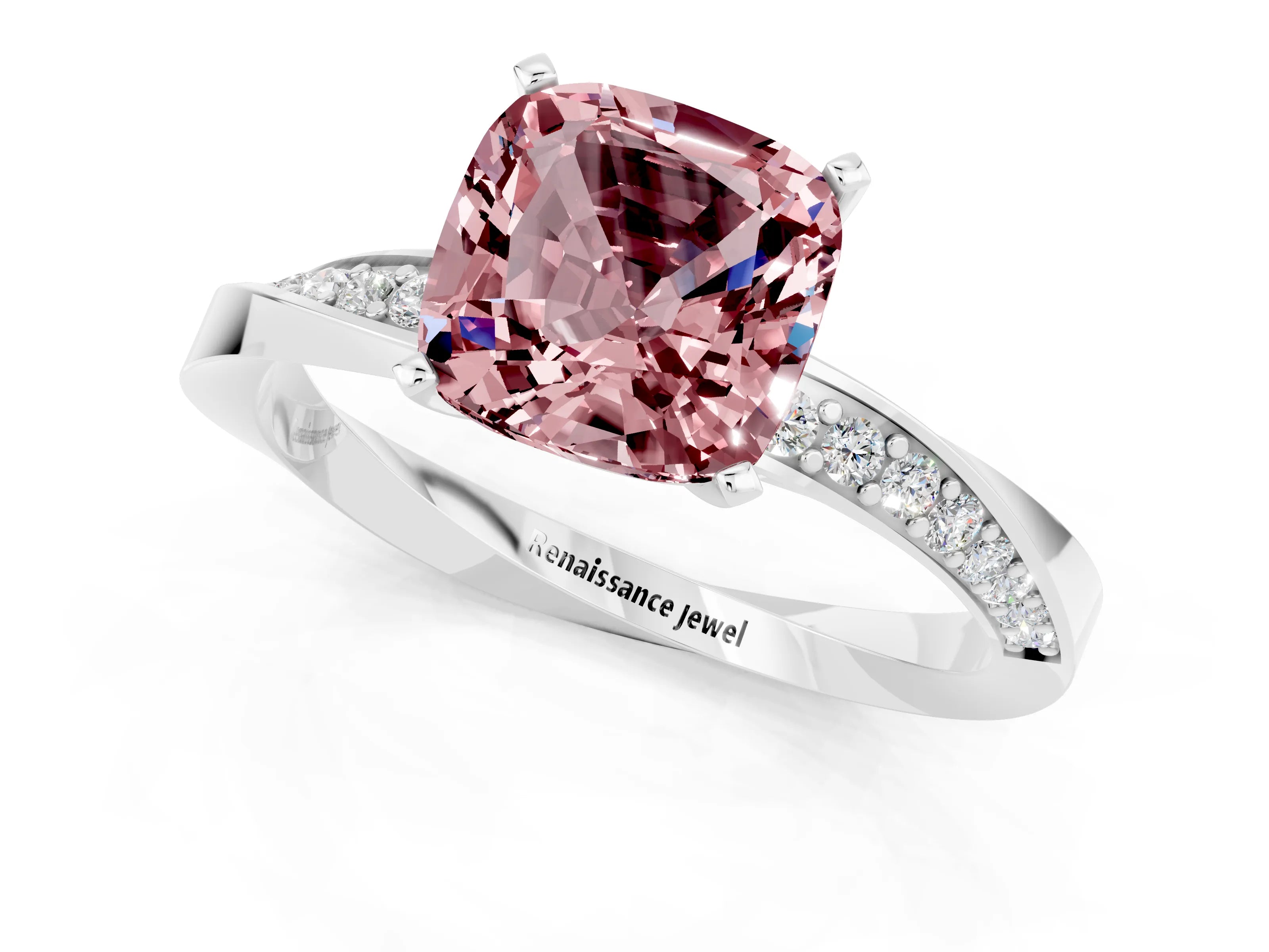 White gold Cushion Cut Morganite Engagement Ring with Side Stone Accents and Four-Prong Setting_22