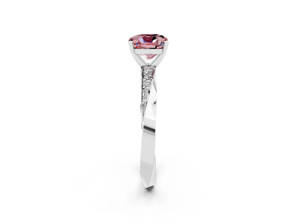 White gold Cushion Cut Morganite Engagement Ring with Side Stone Accents and Four-Prong Setting