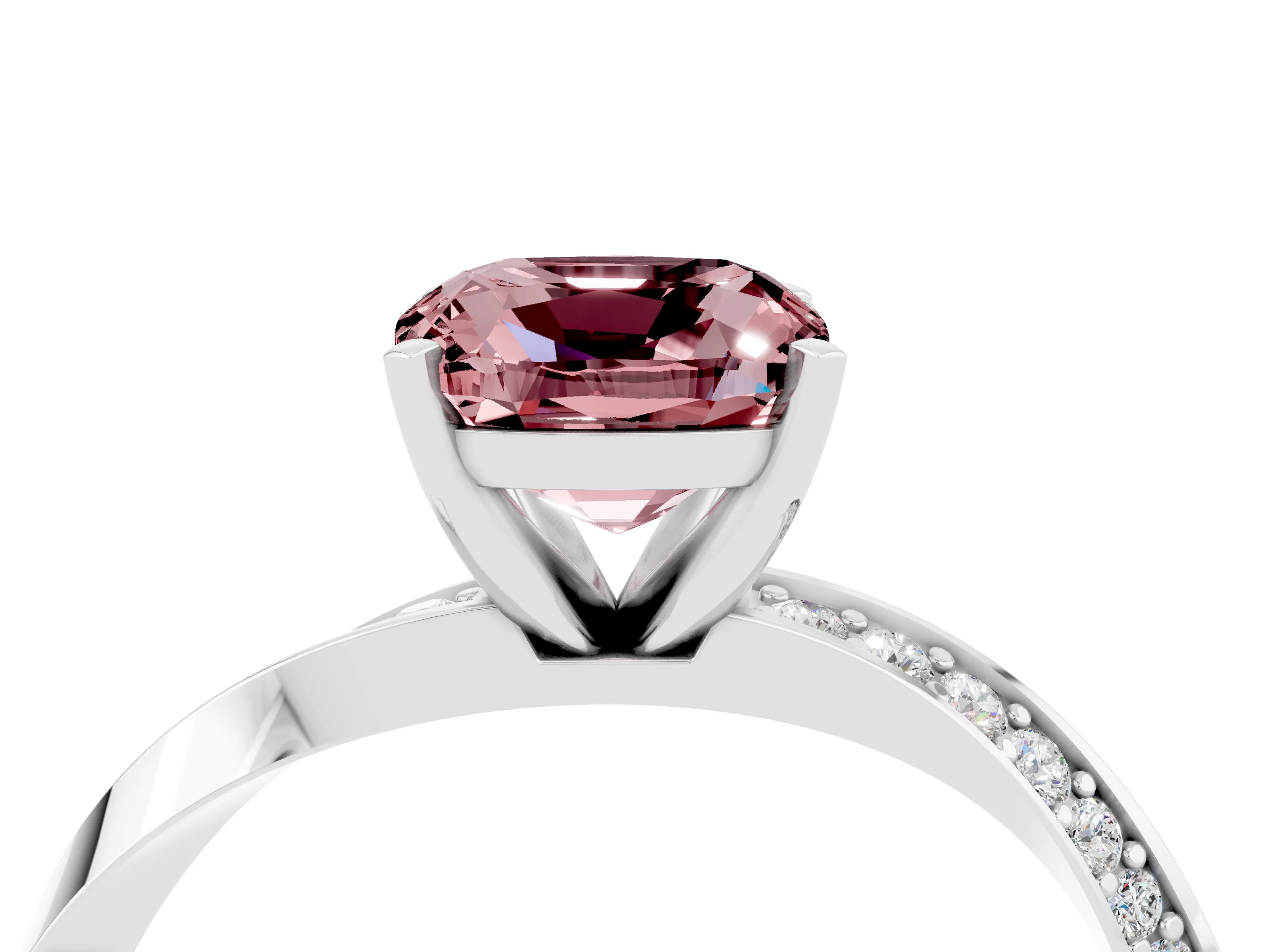 White gold Cushion Cut Morganite Engagement Ring with Side Stone Accents and Four-Prong Setting_25