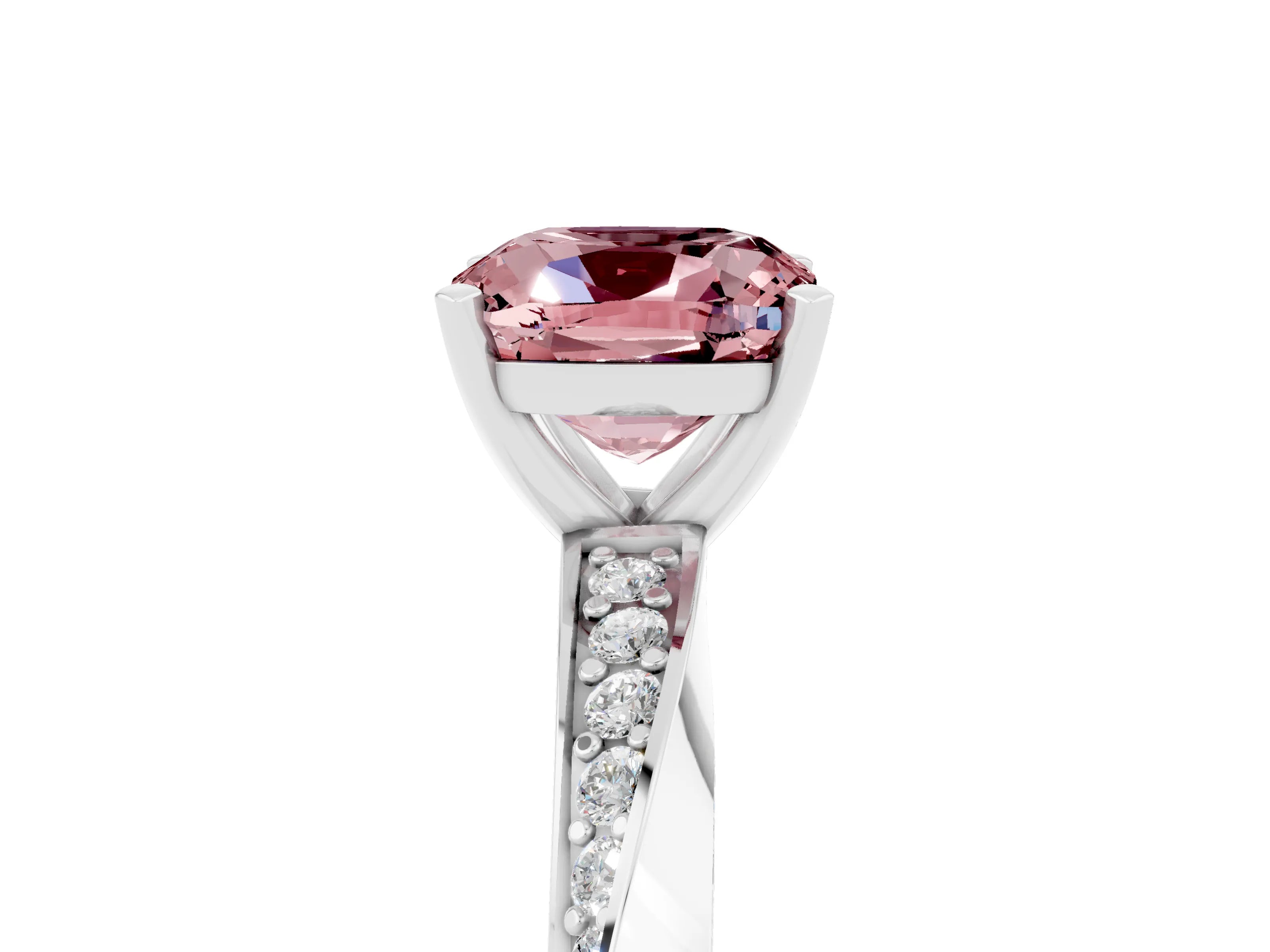 White gold Cushion Cut Morganite Engagement Ring with Side Stone Accents and Four-Prong Setting_26