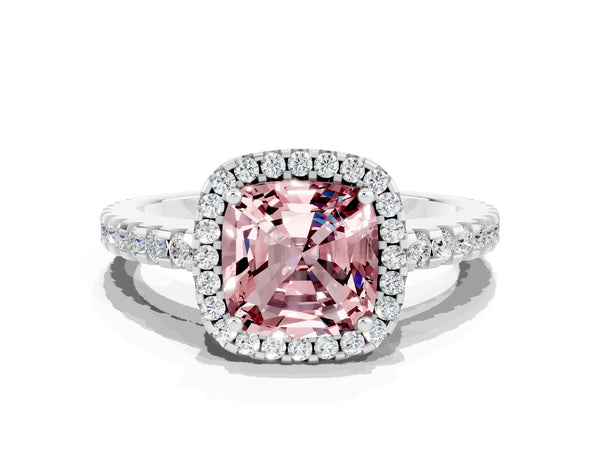 White gold Cushion Cut Morganite Halo Engagement Ring with Pavé Band and Prong Setting
