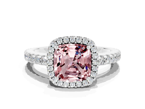 White gold Cushion Cut Morganite Halo Engagement Ring with Pavé Band and Prong Setting_31