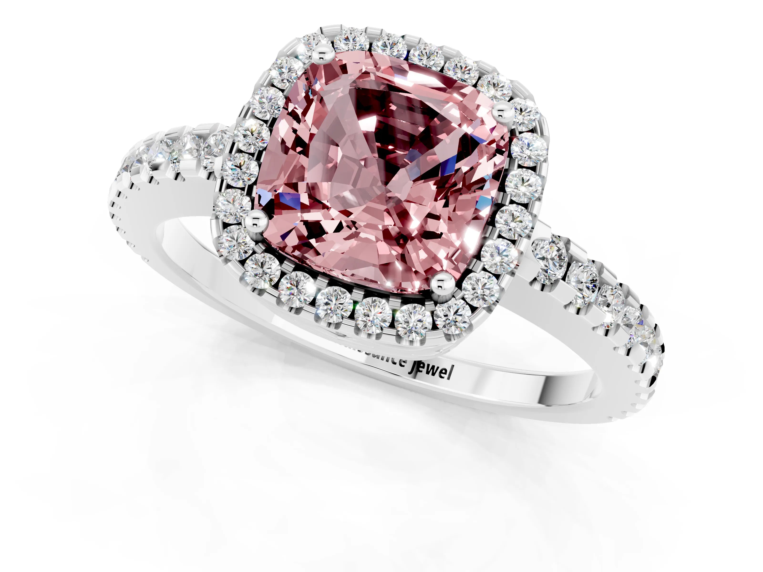 White gold Cushion Cut Morganite Halo Engagement Ring with Pavé Band and Prong Setting_32