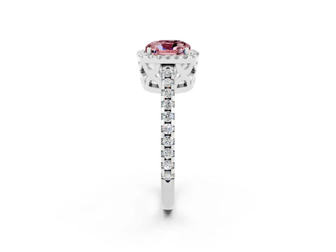 White gold Cushion Cut Morganite Halo Engagement Ring with Pavé Band and Prong Setting_33
