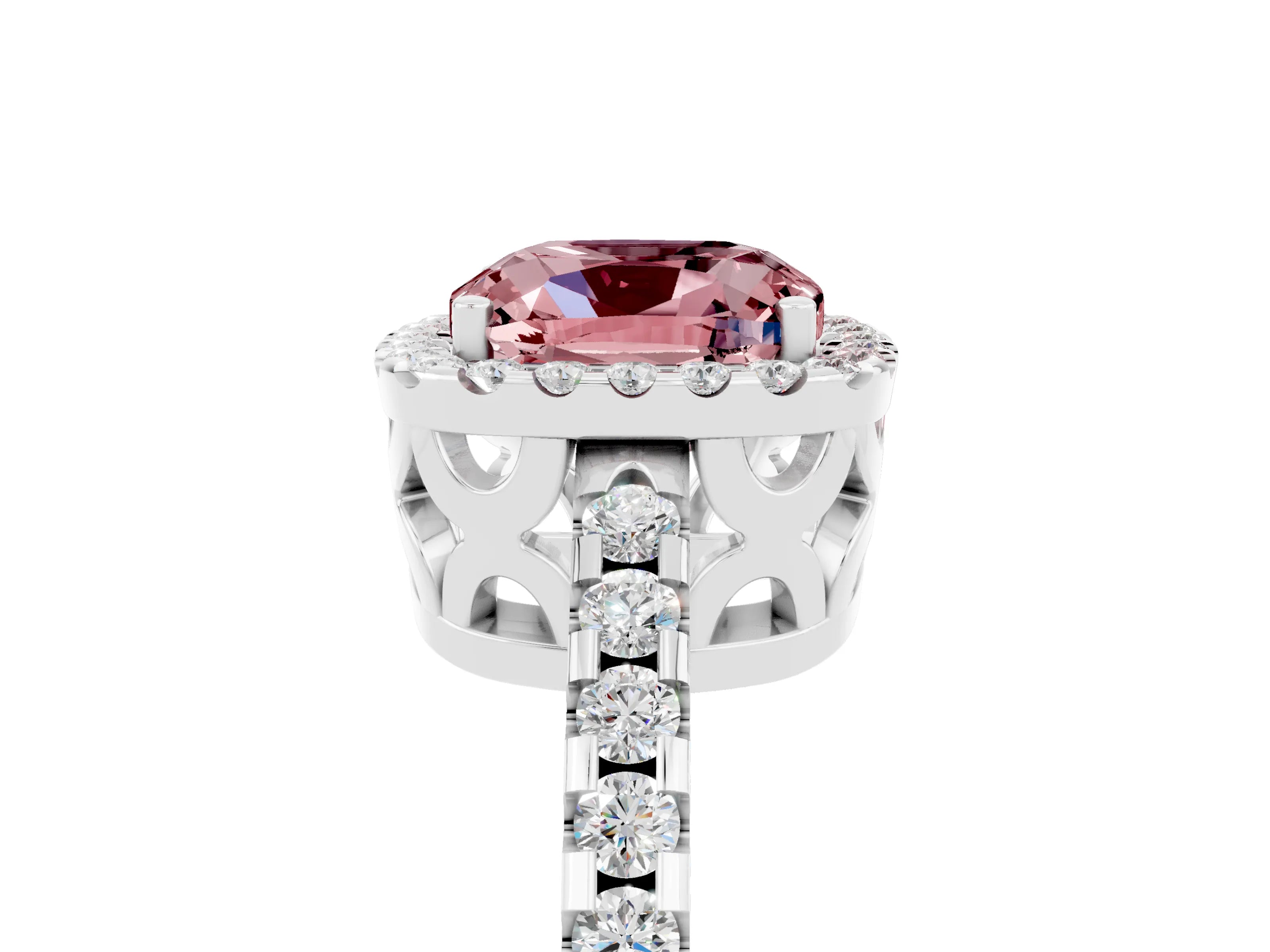 White gold Cushion Cut Morganite Halo Engagement Ring with Pavé Band and Prong Setting_36