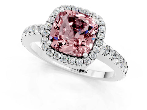 White gold Cushion Cut Morganite Halo Engagement Ring with Pavé Band and Prong Setting_37