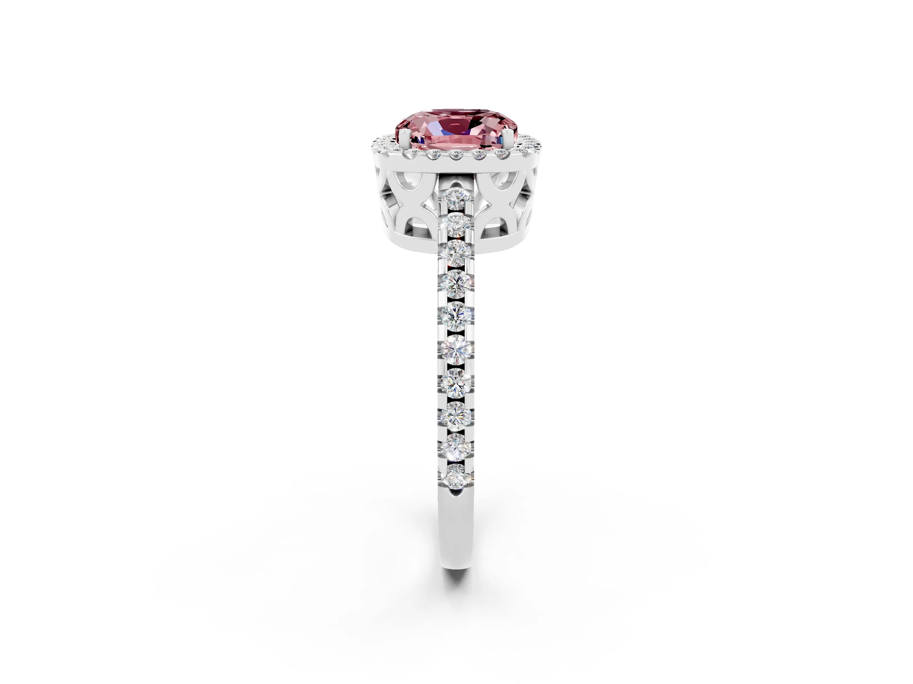 White gold Cushion Cut Morganite Halo Engagement Ring with Pavé Band and Prong Setting_38