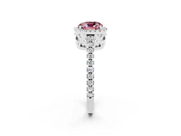 Silver Cushion Cut Morganite Halo Engagement Ring with Pavé Band and Prong Setting