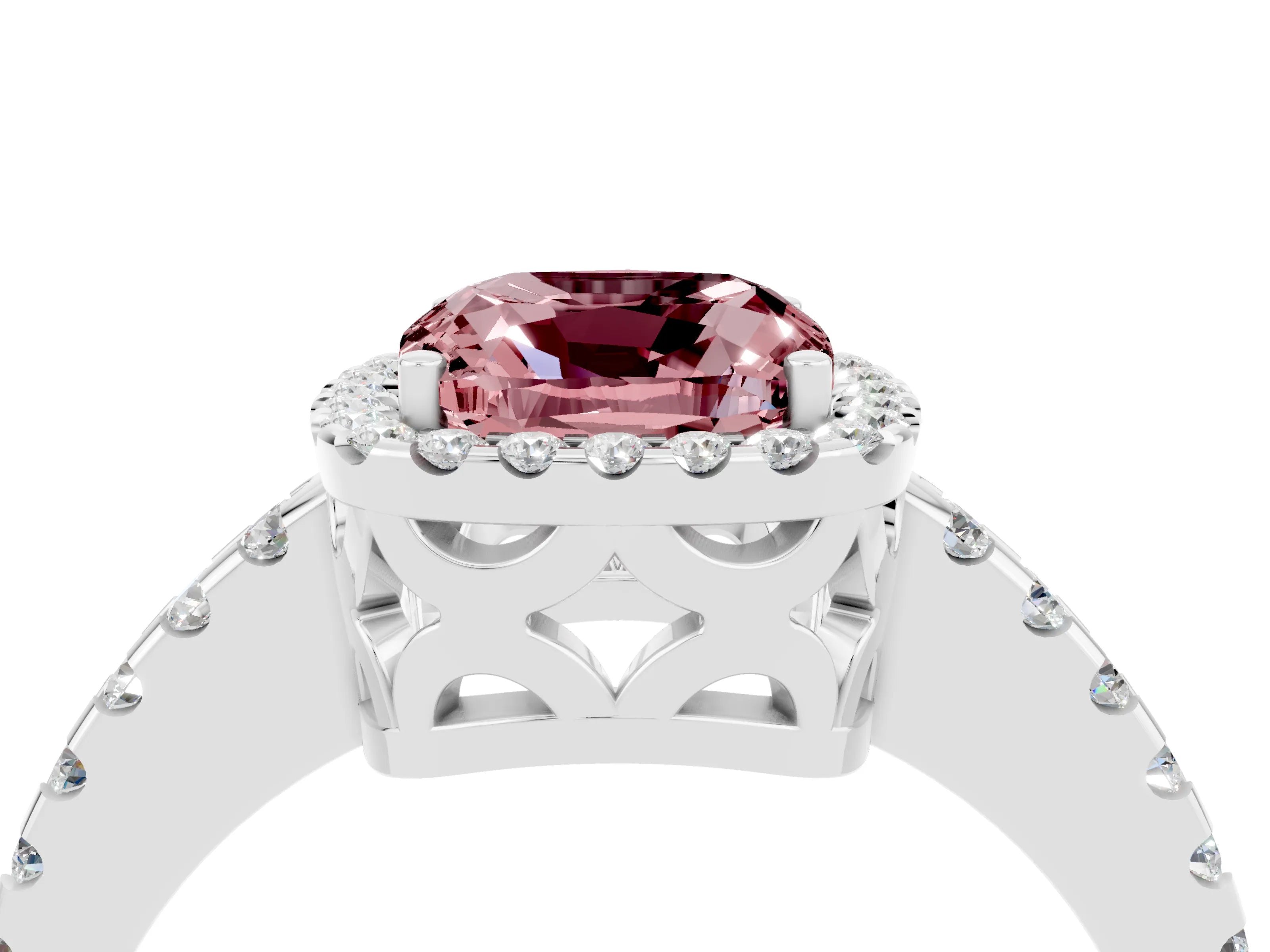 White gold Cushion Cut Morganite Halo Engagement Ring with Pavé Band and Prong Setting_40