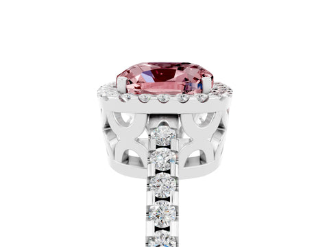 White gold Cushion Cut Morganite Halo Engagement Ring with Pavé Band and Prong Setting_41