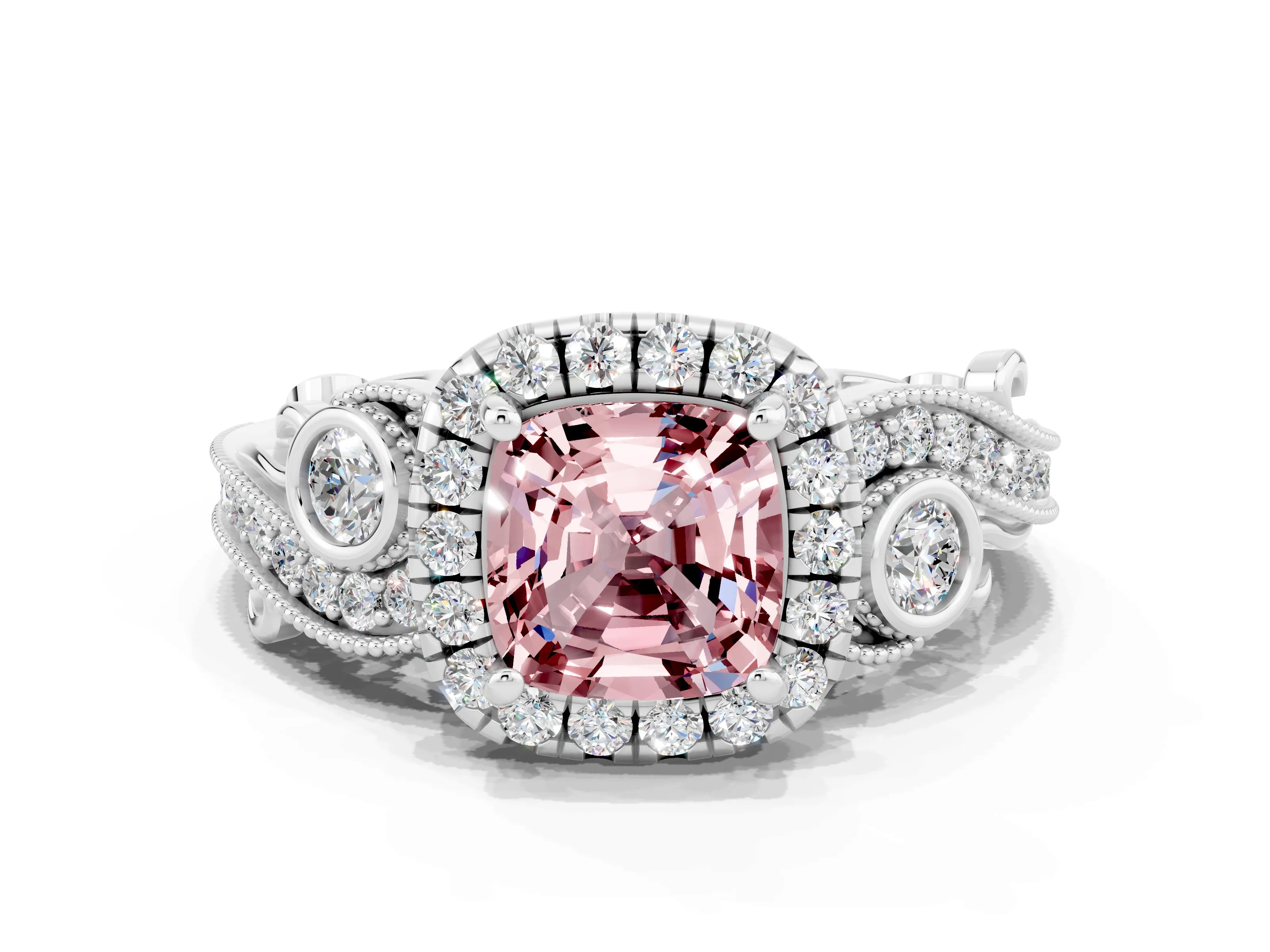 White gold Cushion Cut Morganite Halo Ring with Milgrain Pavé Band and Four-Prong Setting_12