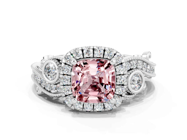 Platinum Cushion Cut Morganite Halo Ring with Milgrain Pavé Band and Four-Prong Setting