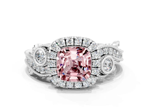 White gold Cushion Cut Morganite Halo Ring with Milgrain Pavé Band and Four-Prong Setting_12