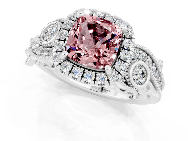 Silver Cushion Cut Morganite Halo Ring with Milgrain Pavé Band and Four-Prong Setting