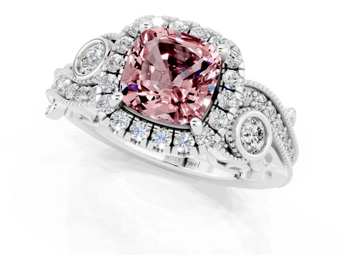 White gold Cushion Cut Morganite Halo Ring with Milgrain Pavé Band and Four-Prong Setting_13
