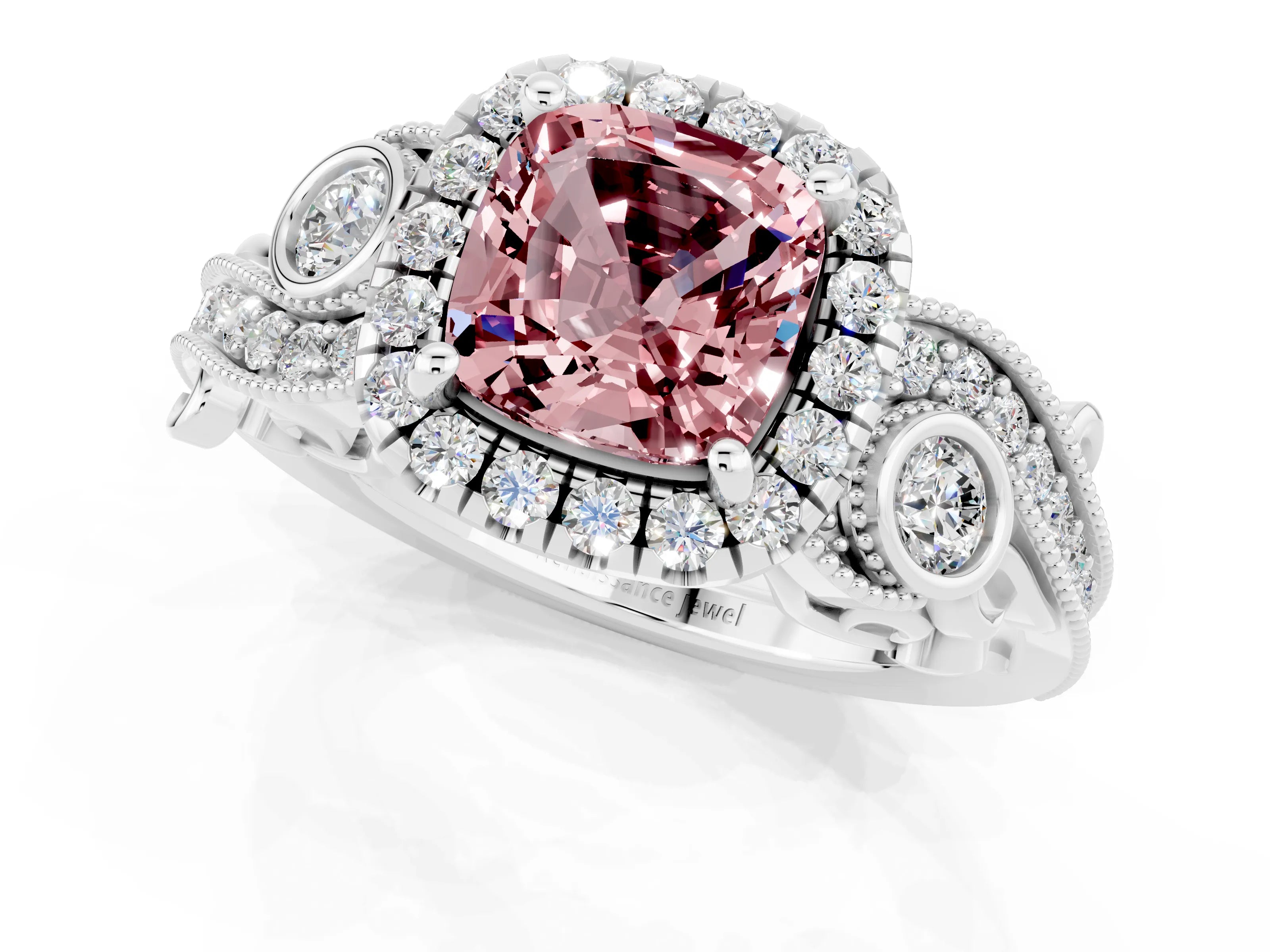 White gold Cushion Cut Morganite Halo Ring with Milgrain Pavé Band and Four-Prong Setting_13
