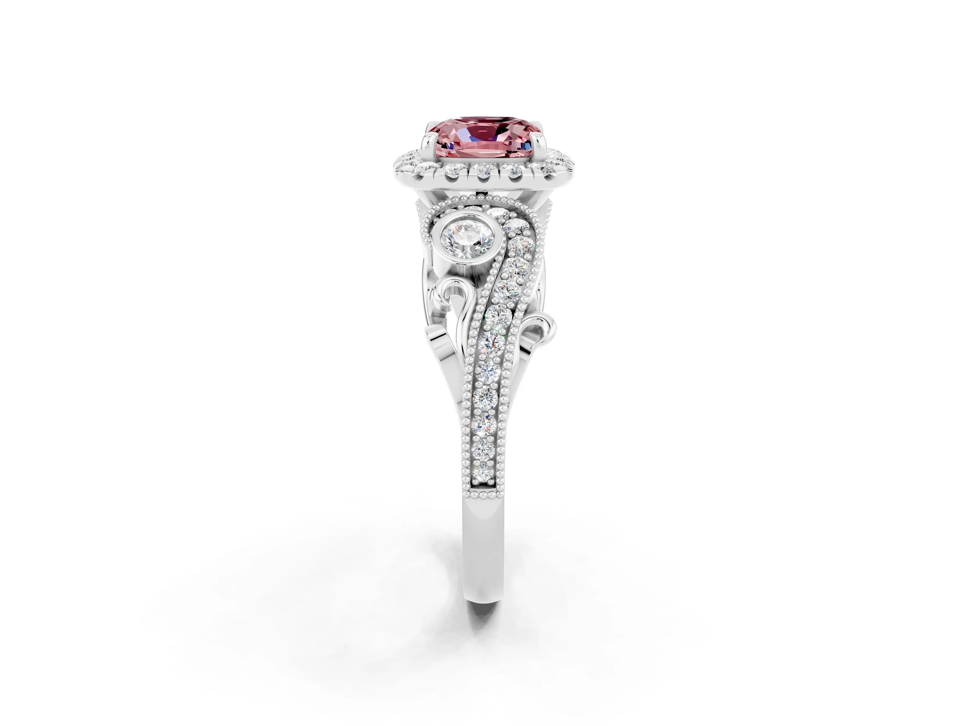 White gold Cushion Cut Morganite Halo Ring with Milgrain Pavé Band and Four-Prong Setting_14