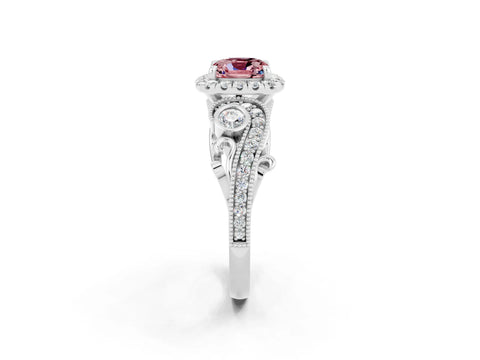 White gold Cushion Cut Morganite Halo Ring with Milgrain Pavé Band and Four-Prong Setting_14