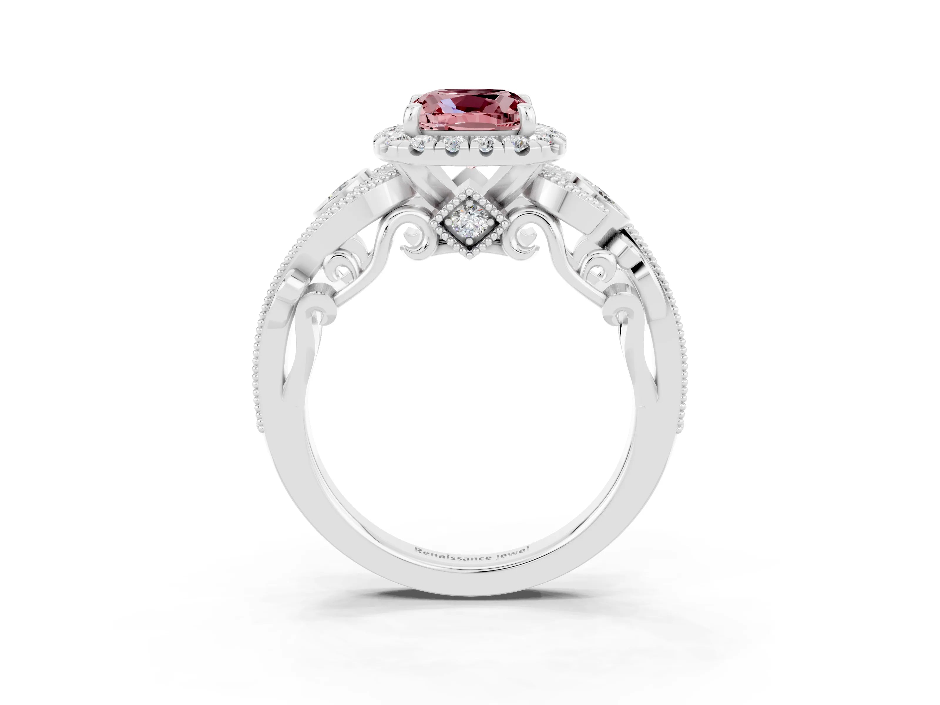 White gold Cushion Cut Morganite Halo Ring with Milgrain Pavé Band and Four-Prong Setting_15