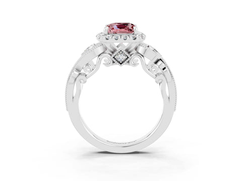 White gold Cushion Cut Morganite Halo Ring with Milgrain Pavé Band and Four-Prong Setting_15