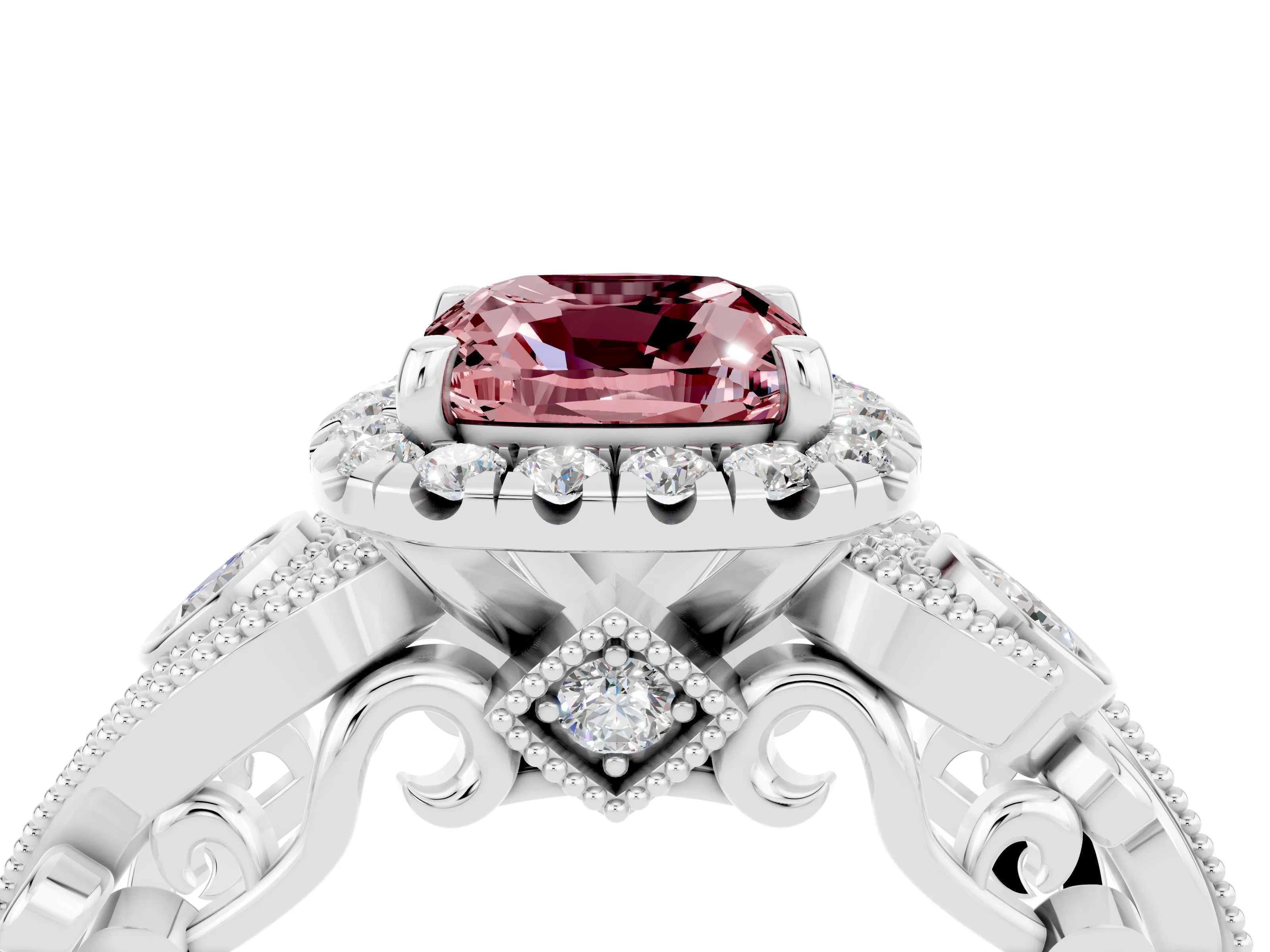 White gold Cushion Cut Morganite Halo Ring with Milgrain Pavé Band and Four-Prong Setting_16
