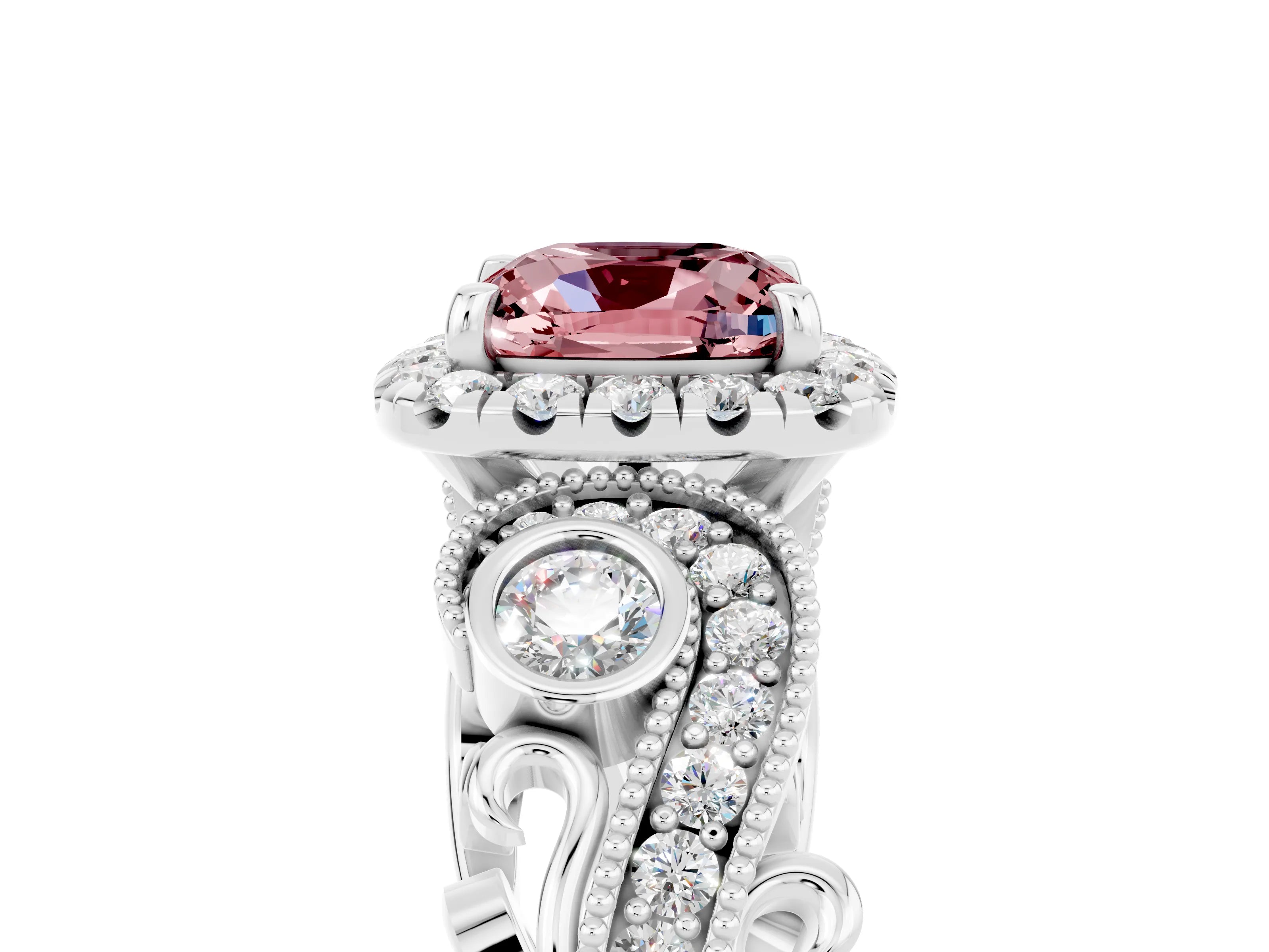 White gold Cushion Cut Morganite Halo Ring with Milgrain Pavé Band and Four-Prong Setting_17