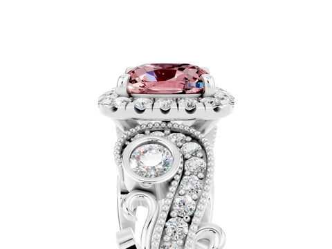 White gold Cushion Cut Morganite Halo Ring with Milgrain Pavé Band and Four-Prong Setting_17