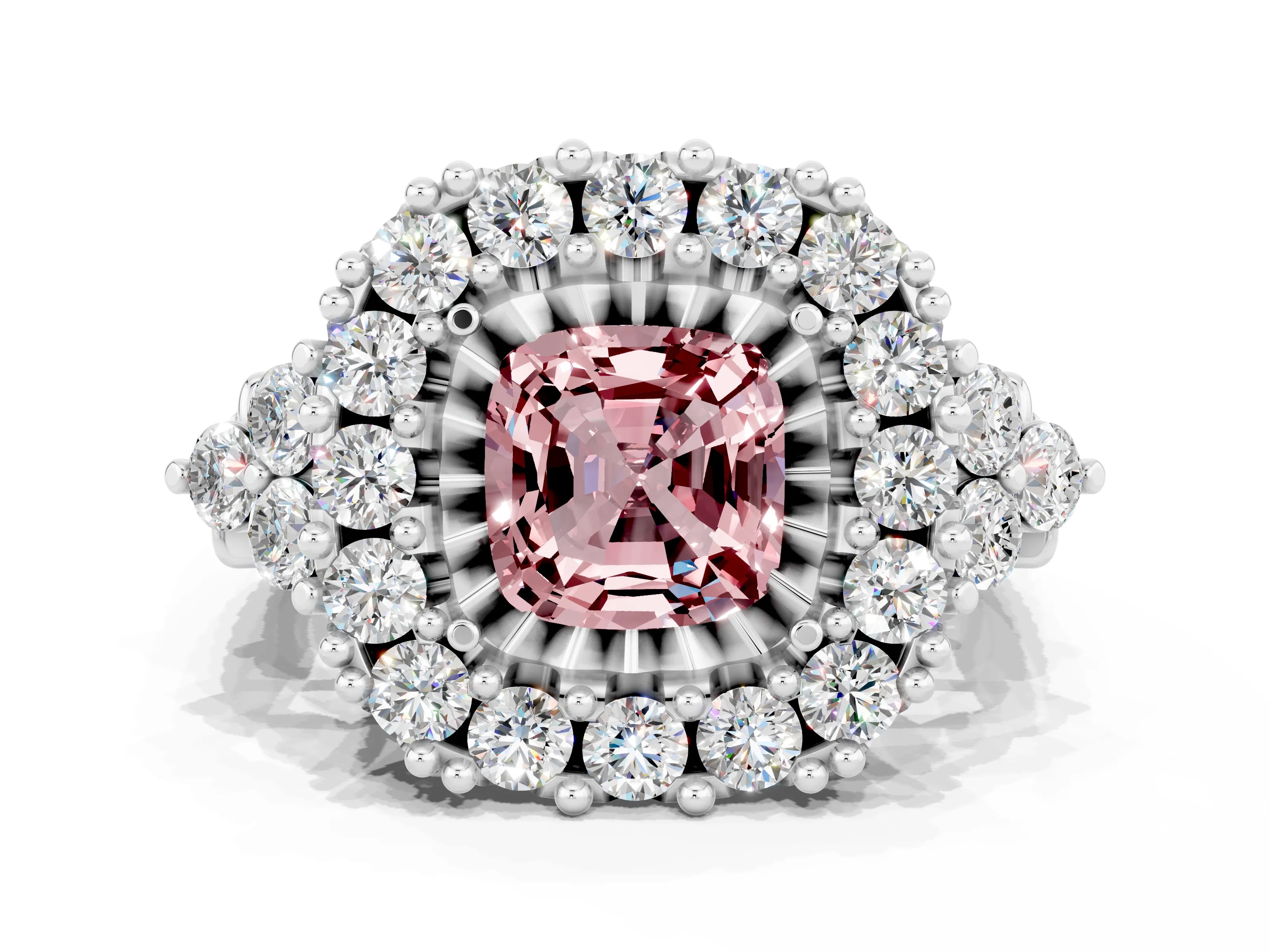 White gold Cushion Cut Morganite Halo Ring with Pavé Band and Four-Prong Setting_12