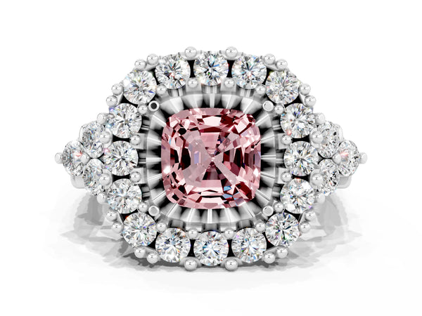 Silver Cushion Cut Morganite Halo Ring with Pavé Band and Four-Prong Setting