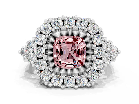 White gold Cushion Cut Morganite Halo Ring with Pavé Band and Four-Prong Setting_12