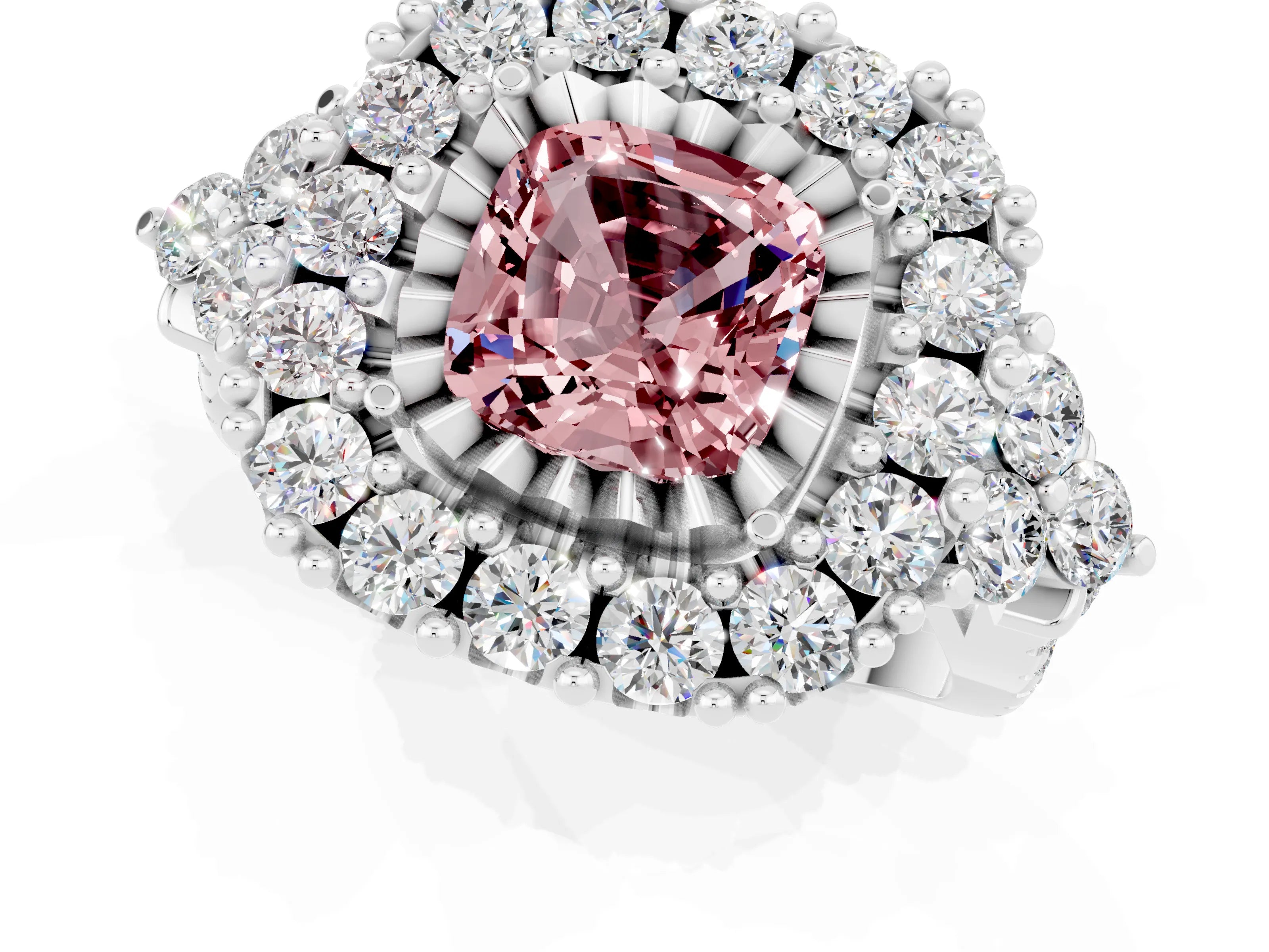 White gold Cushion Cut Morganite Halo Ring with Pavé Band and Four-Prong Setting_13