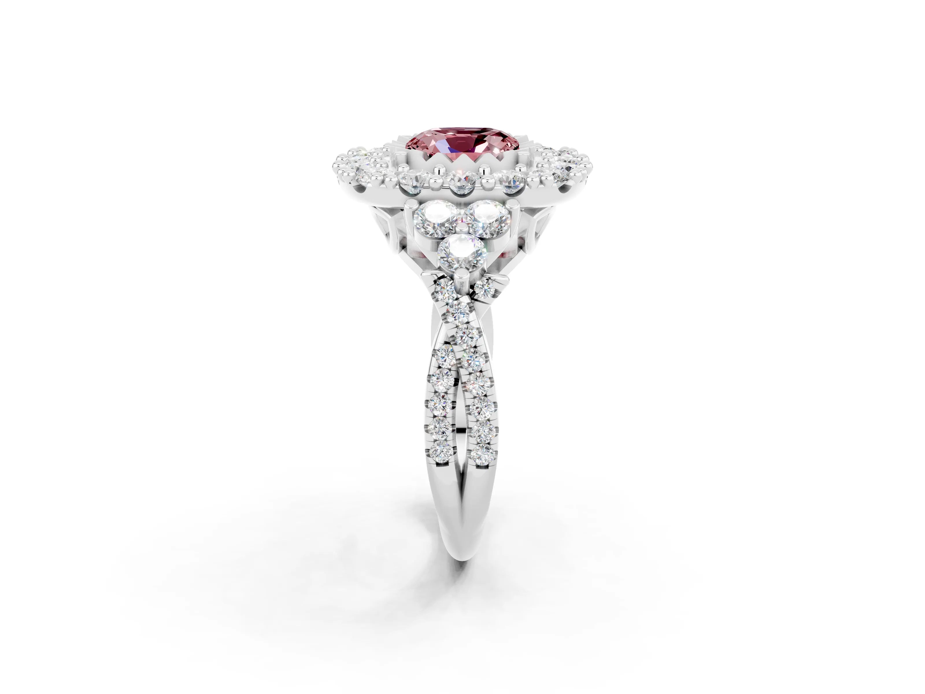 White gold Cushion Cut Morganite Halo Ring with Pavé Band and Four-Prong Setting_14