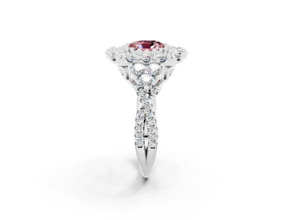 White gold Cushion Cut Morganite Halo Ring with Pavé Band and Four-Prong Setting