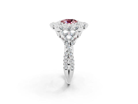 White gold Cushion Cut Morganite Halo Ring with Pavé Band and Four-Prong Setting_14
