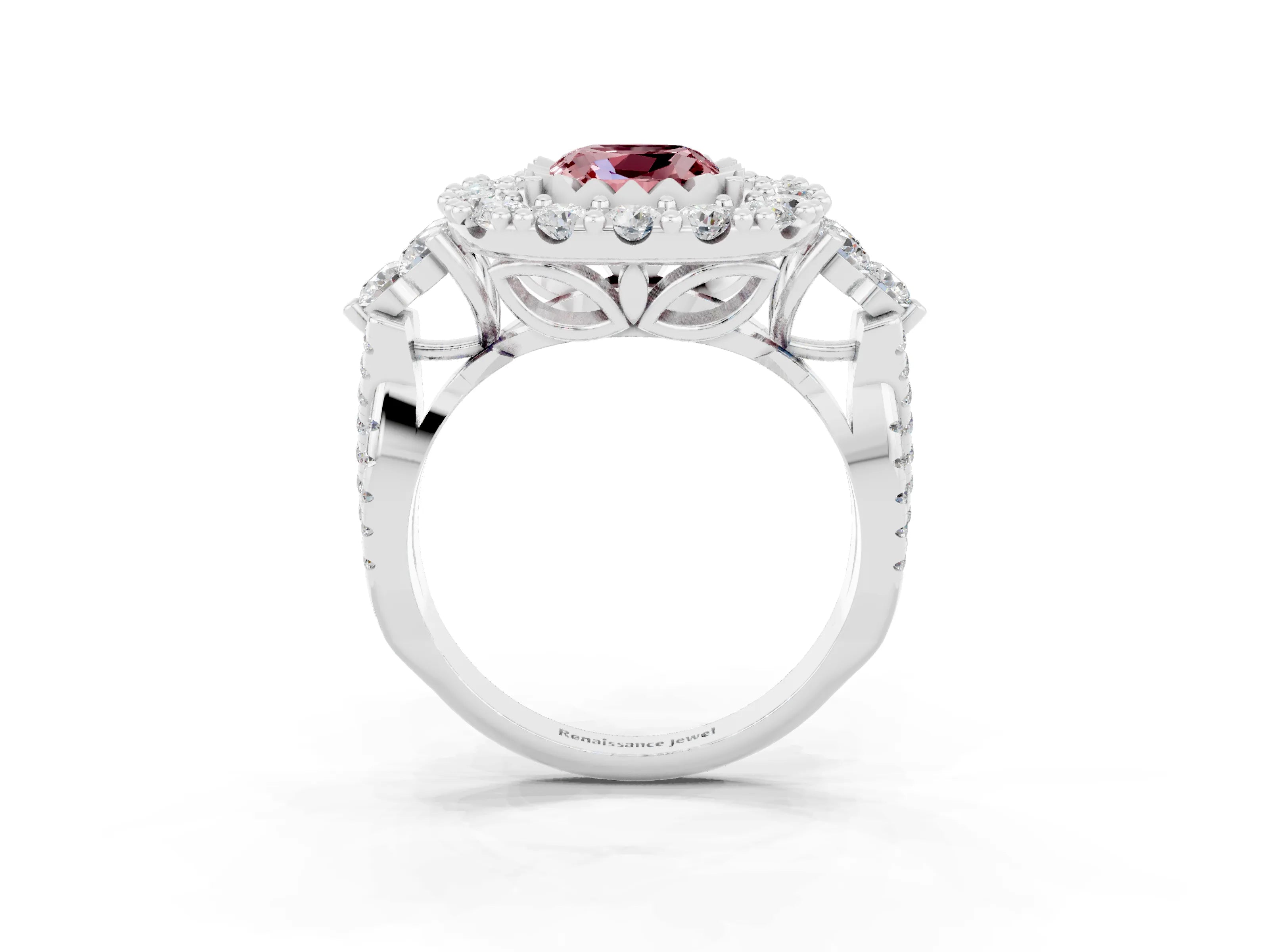 White gold Cushion Cut Morganite Halo Ring with Pavé Band and Four-Prong Setting_15