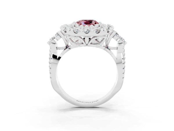 White gold Cushion Cut Morganite Halo Ring with Pavé Band and Four-Prong Setting
