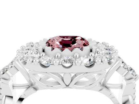 White gold Cushion Cut Morganite Halo Ring with Pavé Band and Four-Prong Setting_16