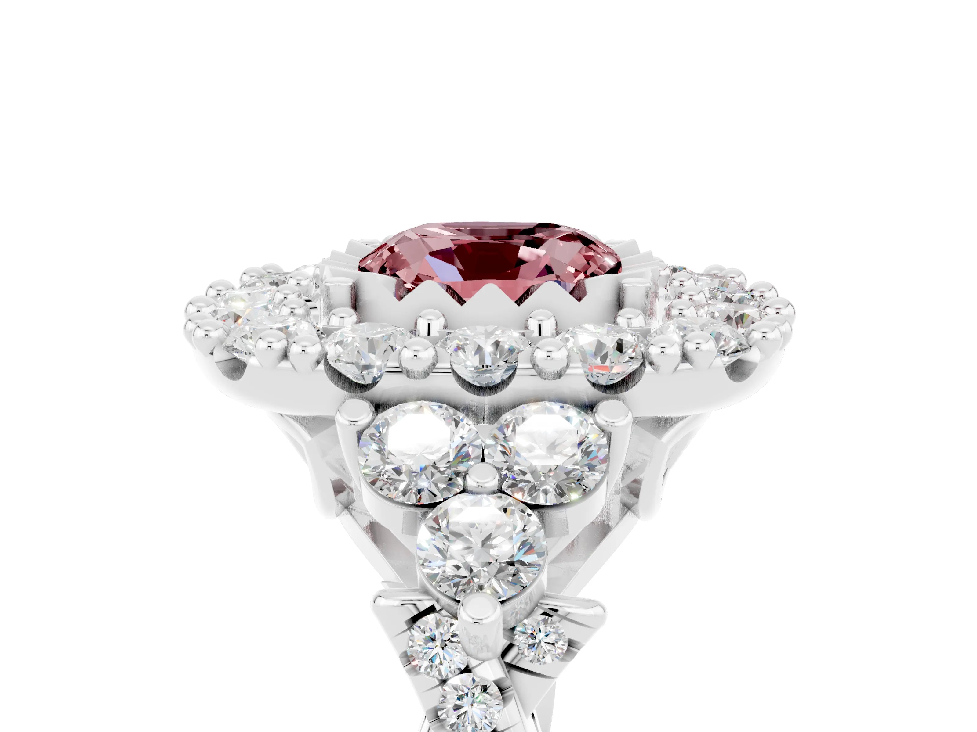 White gold Cushion Cut Morganite Halo Ring with Pavé Band and Four-Prong Setting_17