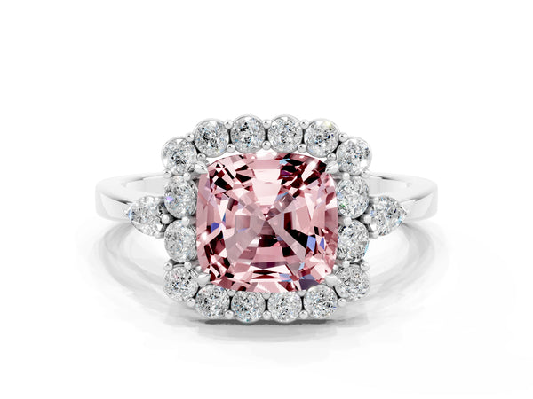 Silver Cushion Cut Morganite Halo Ring with Pear Side Stones and Prong Setting