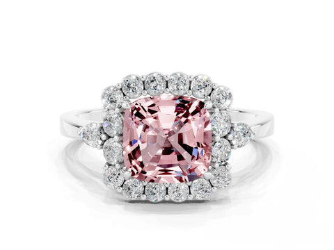 White gold Cushion Cut Morganite Halo Ring with Pear Side Stones and Prong Setting_24