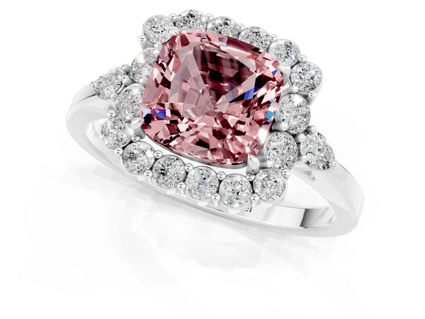 Silver Cushion Cut Morganite Halo Ring with Pear Side Stones and Prong Setting
