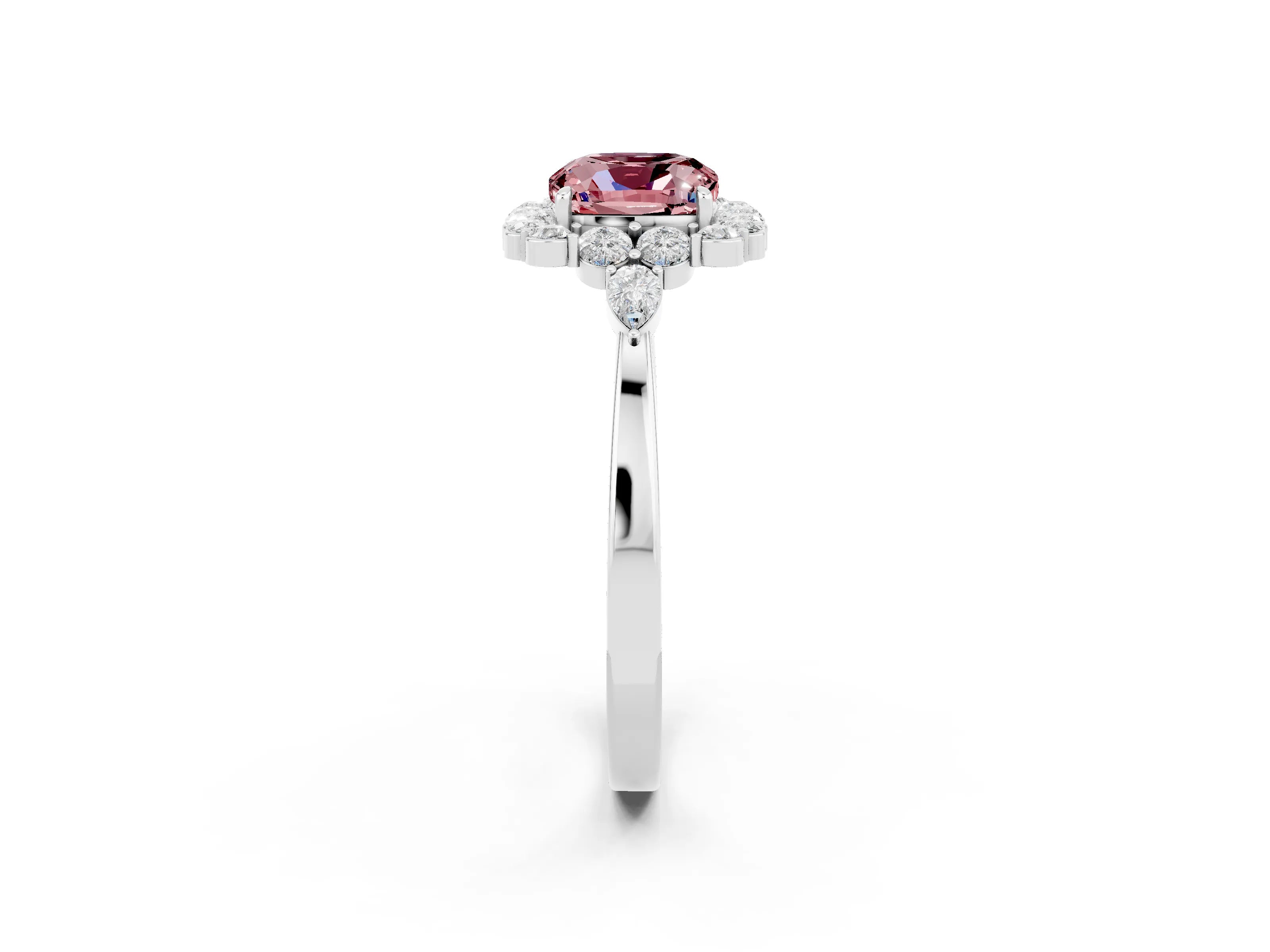 White gold Cushion Cut Morganite Halo Ring with Pear Side Stones and Prong Setting_26