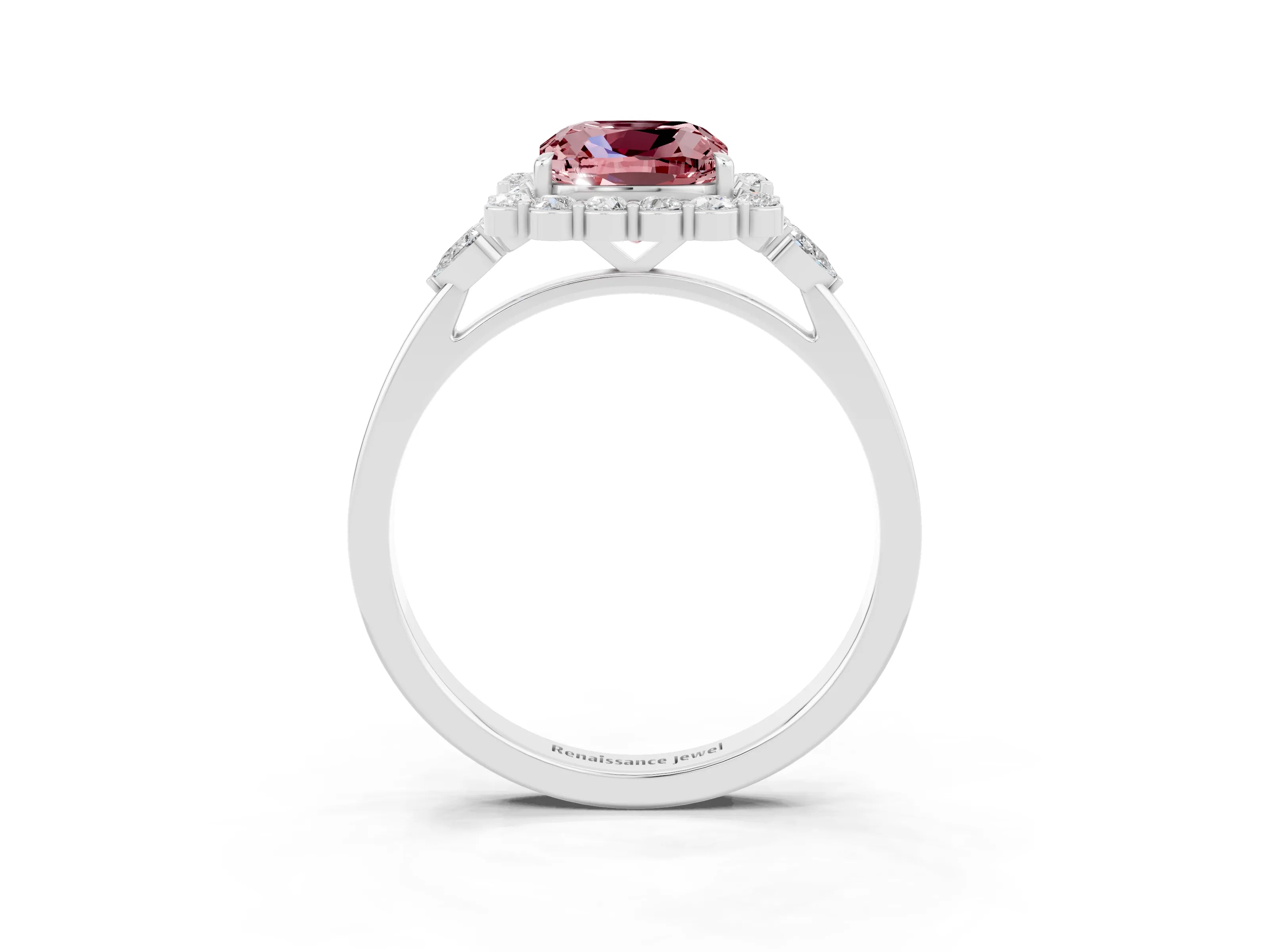 White gold Cushion Cut Morganite Halo Ring with Pear Side Stones and Prong Setting_27