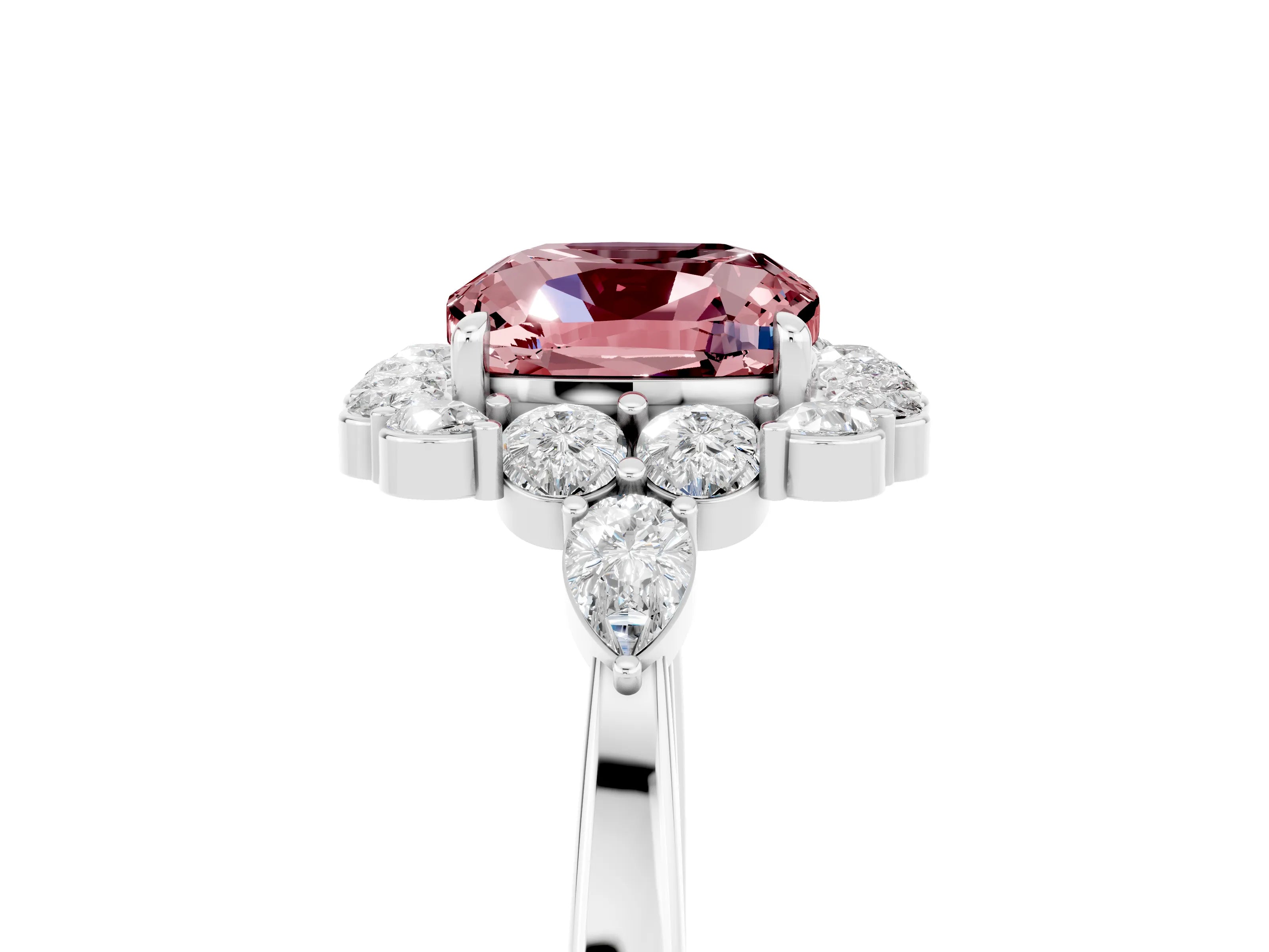 White gold Cushion Cut Morganite Halo Ring with Pear Side Stones and Prong Setting_29