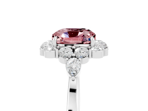 White gold Cushion Cut Morganite Halo Ring with Pear Side Stones and Prong Setting_29