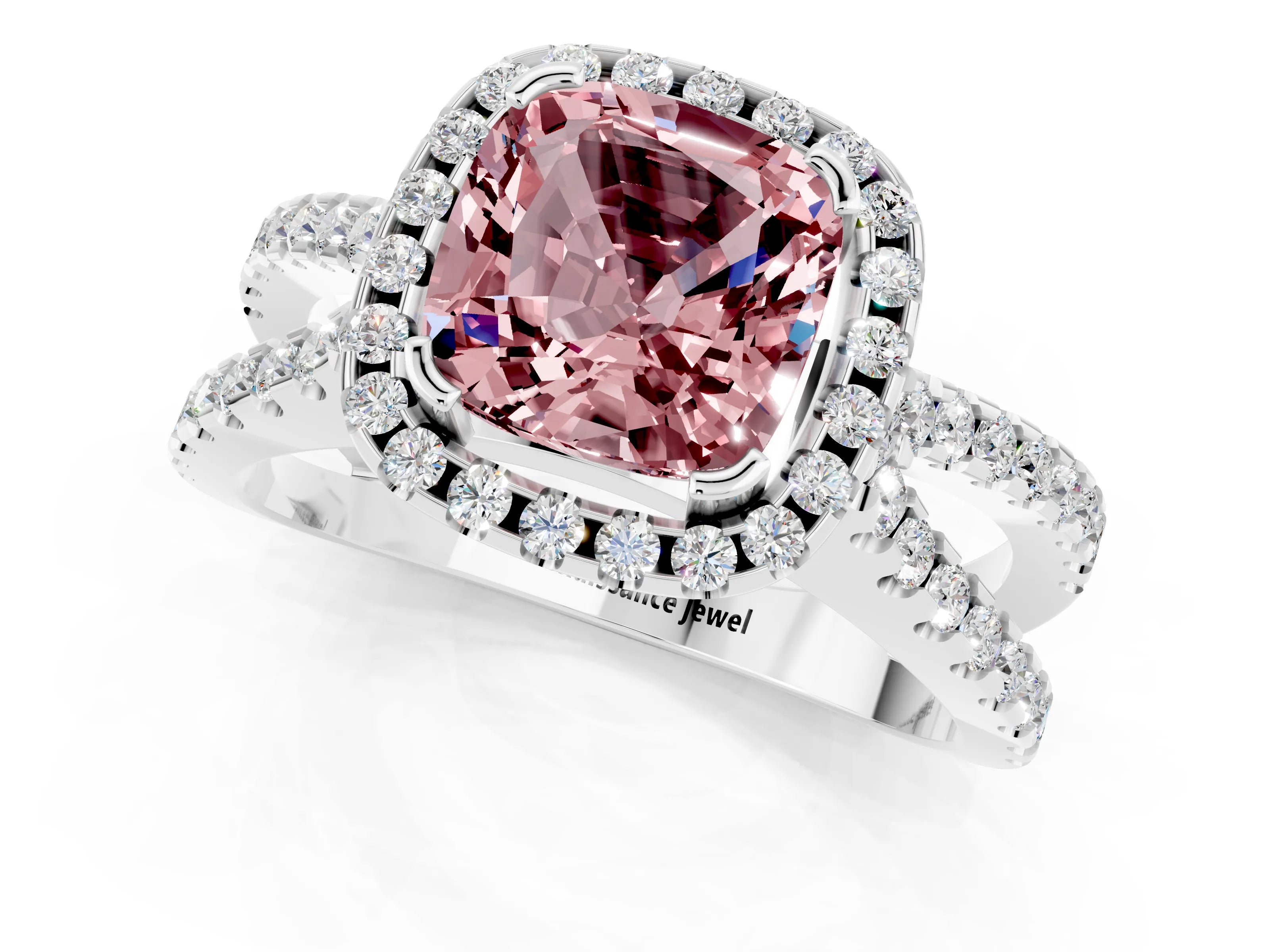 White gold Cushion Cut Morganite Halo Ring with Split Shank Pavé Band and Prong Setting_1
