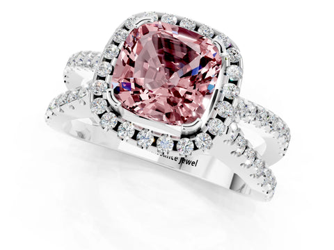 White gold Cushion Cut Morganite Halo Ring with Split Shank Pavé Band and Prong Setting_1